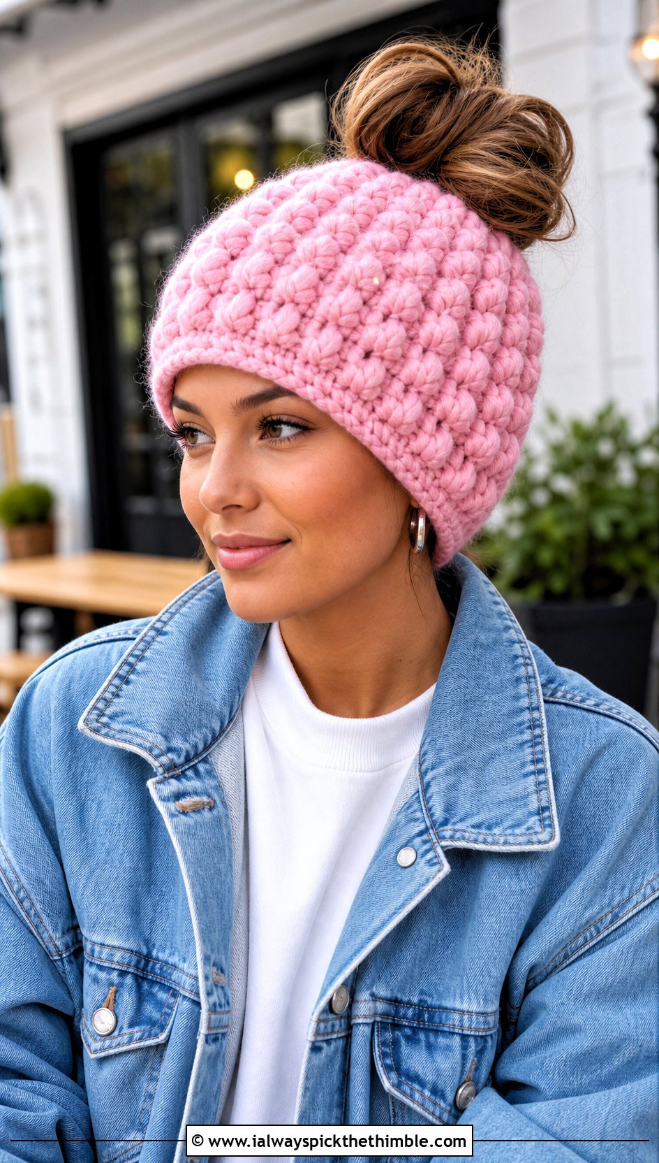 Puff Stitch Crochet Messy Bun Hat With Denim Jacket - 20 Crochet Messy Bun Hat Bulky Yarn outfit ideas