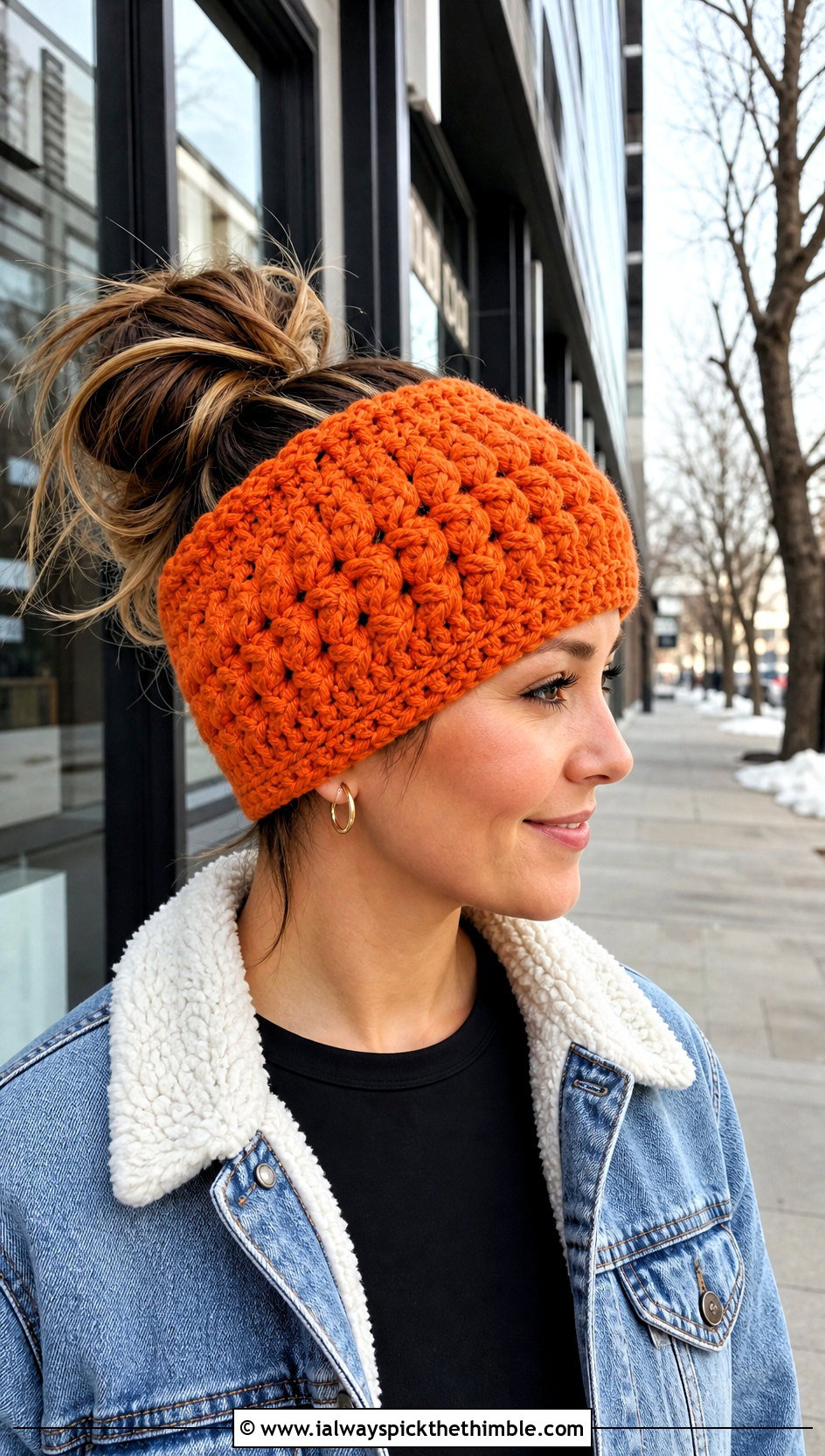 Puff Stitch Crochet Messy Bun Hat With Denim Jacket - 15 Easy Crochet Messy Bun Hat outfit ideas