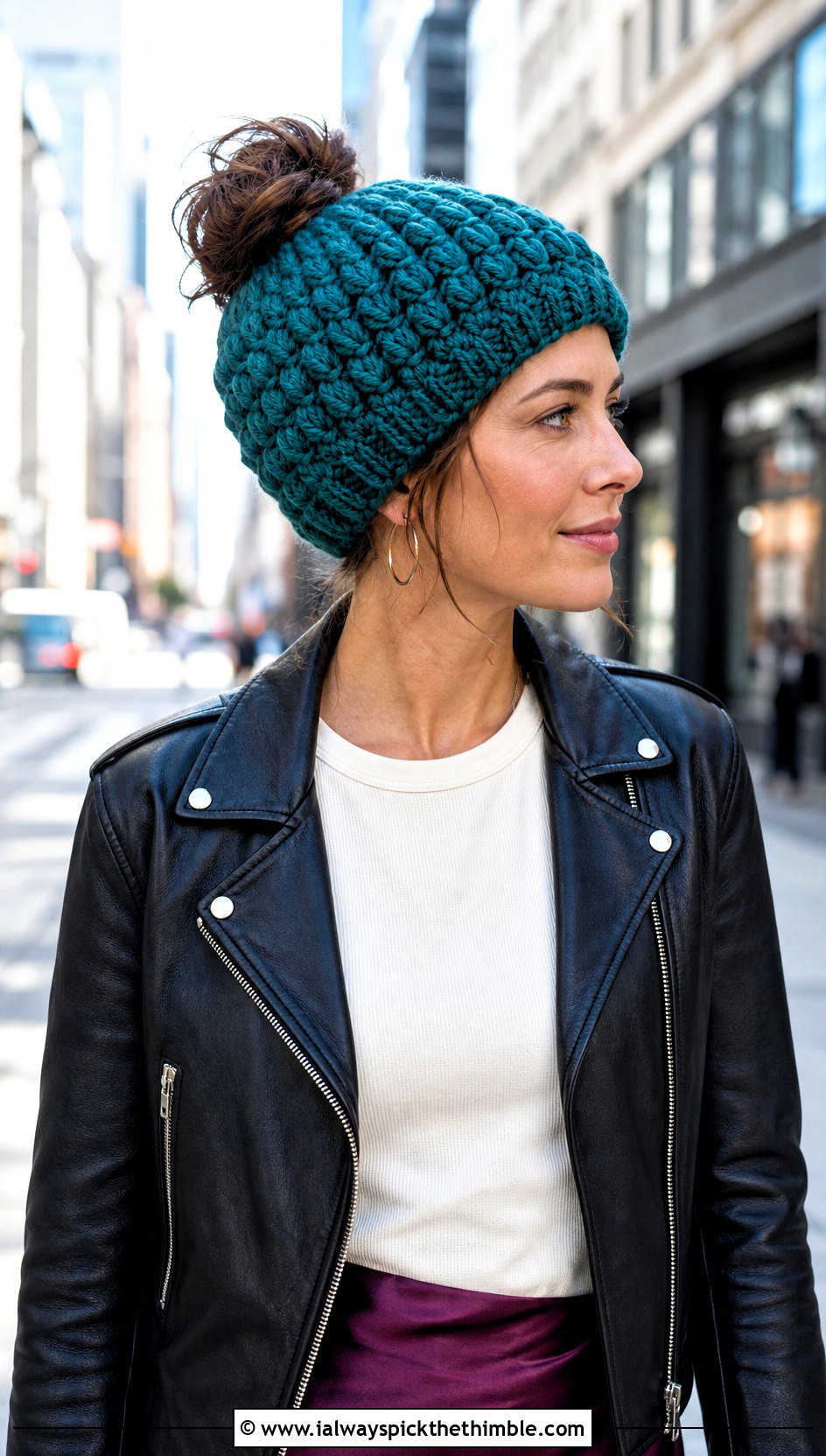 Puff Stitch Crochet Messy Bun Hat With Elastic And Leather Jacket - 20 Crochet Messy Bun Hat With Elastic outfit ideas