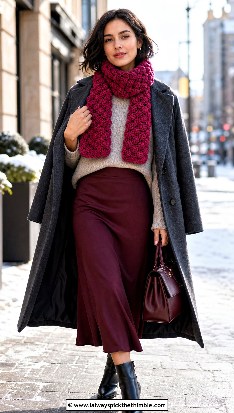 Puff Stitch Crochet Mini Scarf With Wool Coat And Knit Set - 25 crochet mini scarf outfit ideas