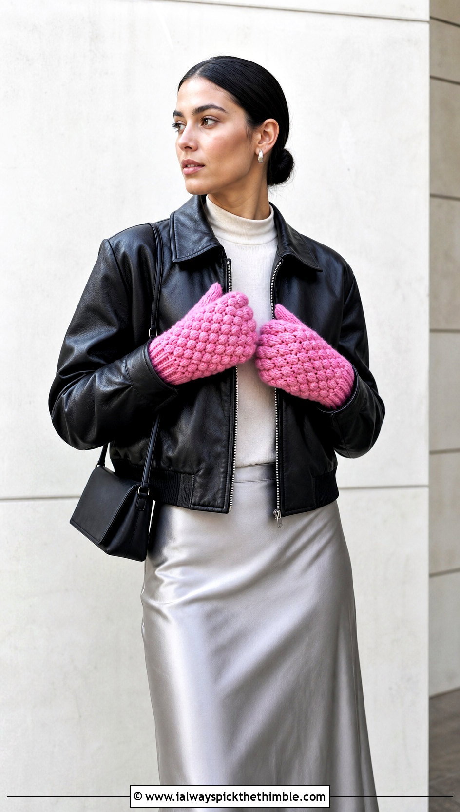 Puff Stitch Crochet Mittens With Leather Jacket And Satin Skirt - 20 quick crochet mittens outfit ideas