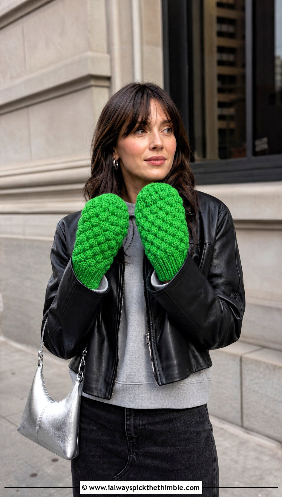 Puff Stitch Crochet Mittens With Leather Jacket - 25 easy crochet mittens outfit ideas