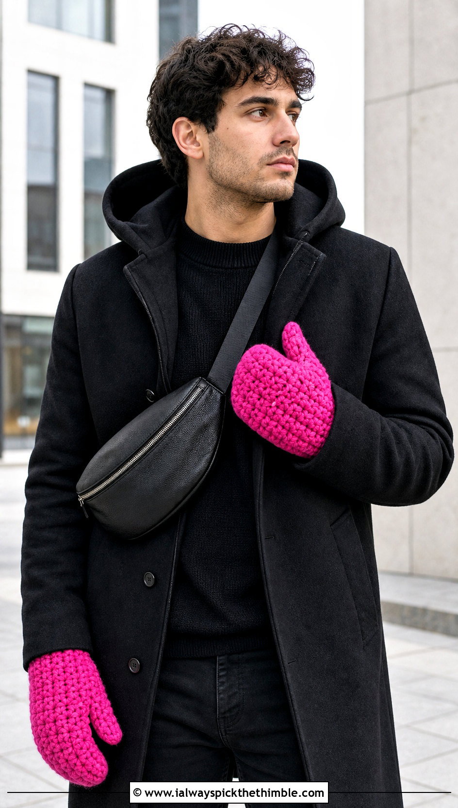 Puff Stitch Crochet Mittens With Monochrome Outfit - 20 crochet mittens for men outfit ideas
