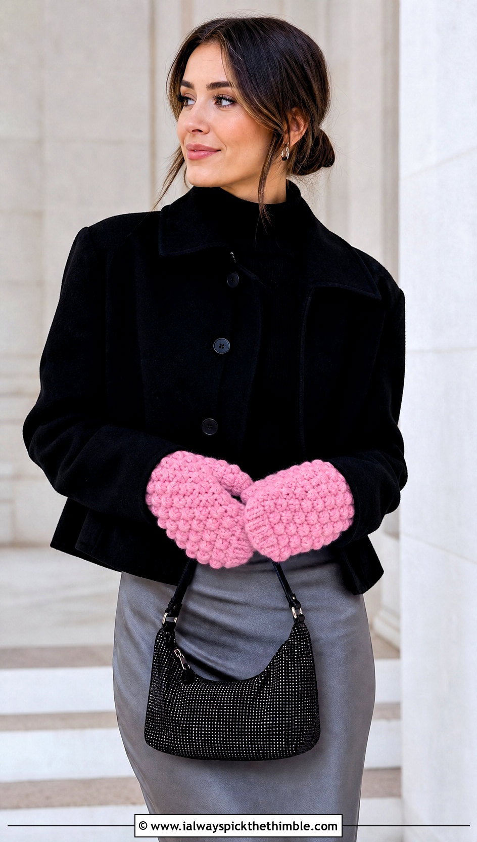 Puff Stitch Crochet Mittens With Satin Midi Skirt - 20 Simple Crochet Mittens outfit ideas