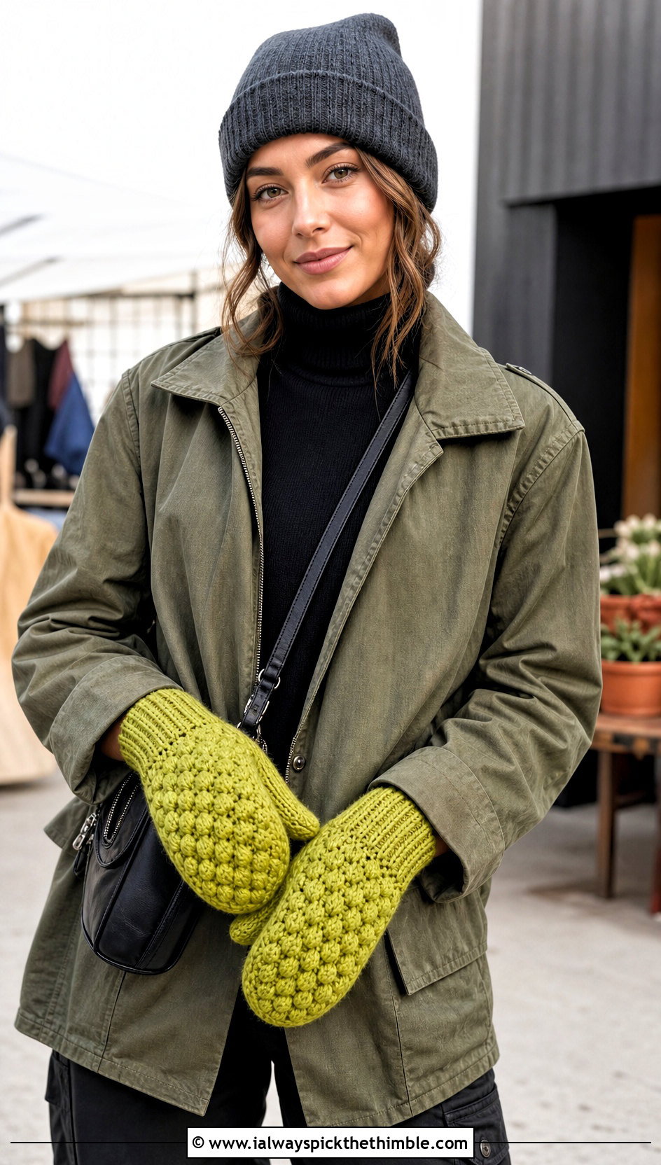 Puff Stitch Crochet Mittens With Utility Jacket - 20 women crochet mittens outfit ideas
