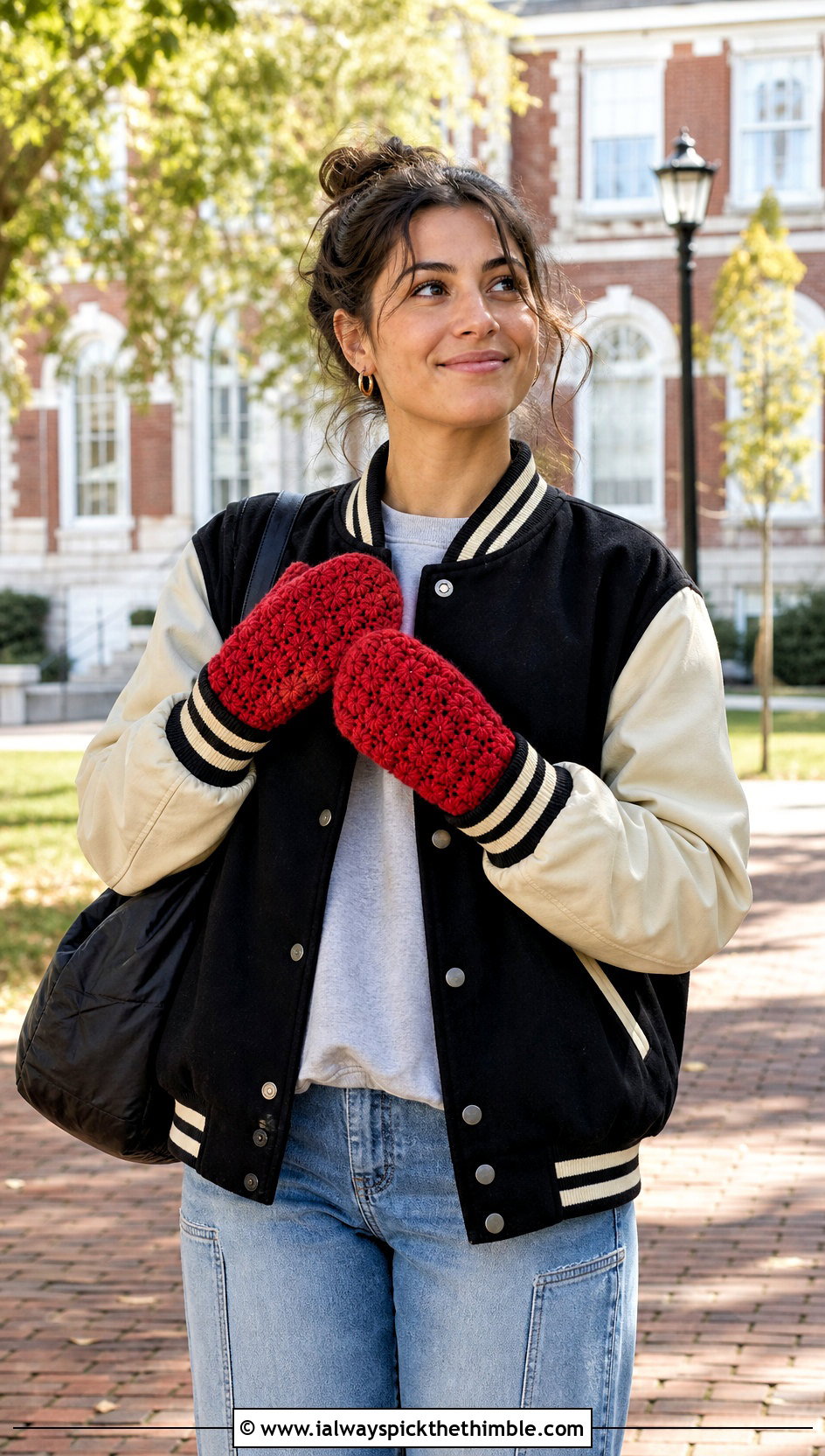 Puff Stitch Crochet Mittens With Varsity Jacket And Barrel Jeans - 25 crochet mittens outfit ideas