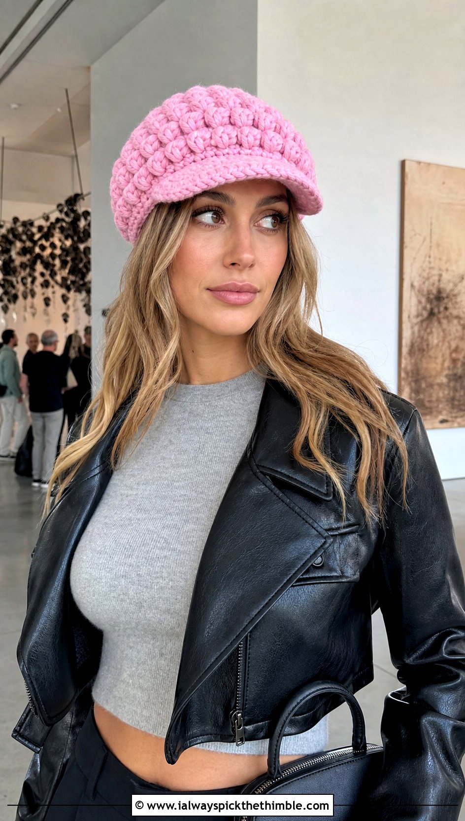 Puff Stitch Crochet Newsboy Hat With Leather Jacket And Maxi Skirt - 25 crochet newsboy hat outfit ideas