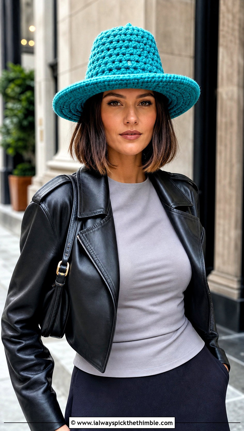 Puff Stitch Crochet Pilgrim Hat With Leather Jacket And Midi Skirt - 20 Crochet Pilgrim Hat outfit ideas