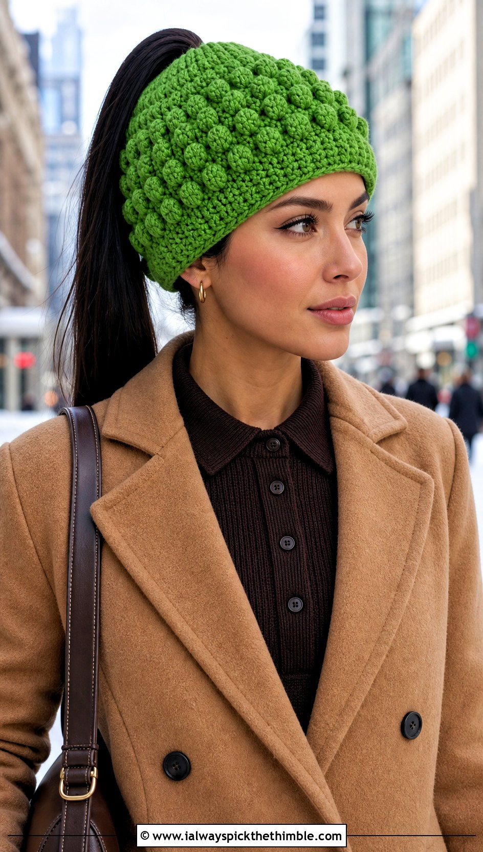 Puff Stitch Crochet Ponytail Beanie With Wool Coat - 20 Crochet Ponytail Beanie outfit ideas