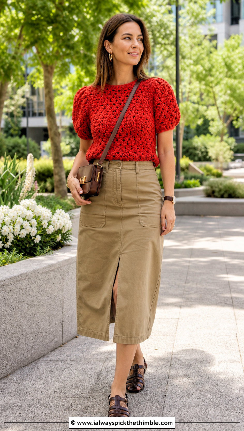 Puff Stitch Crochet Puff Sleeve Top With Utility Midi Skirt - 25 crochet puff sleeve top outfit ideas