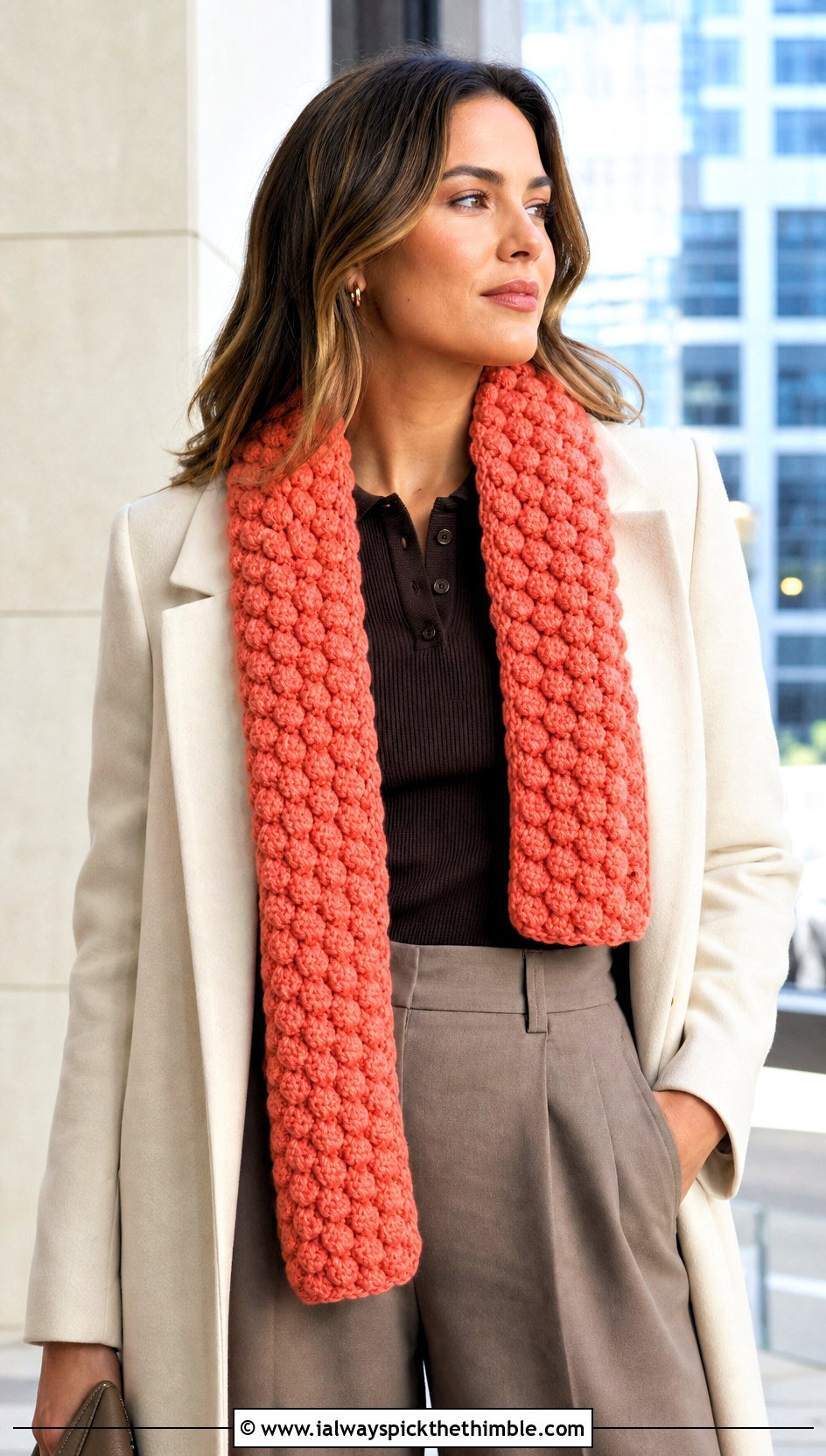 Puff Stitch Crochet Scarf With Knit Polo And Wide Leg Pants - 25 Winter Crochet Scarfs For Women outfit ideas