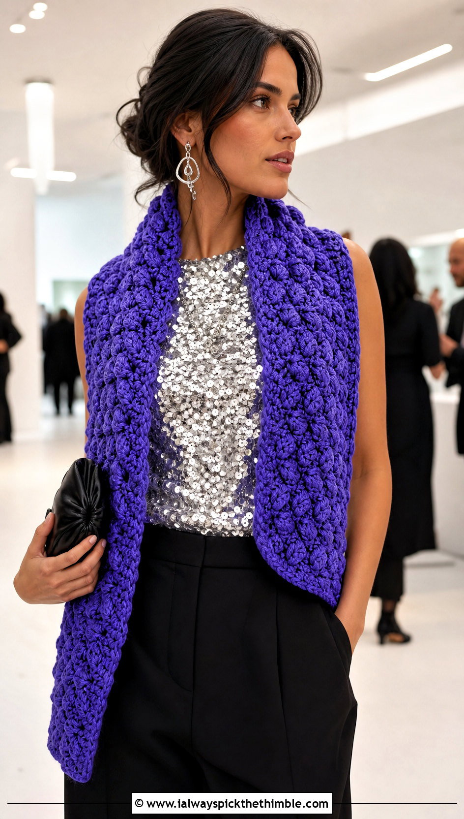 Puff Stitch Crochet Scarf With Sequin Top And Trousers - 20 Quick And Easy Crochet Scarf outfit ideas