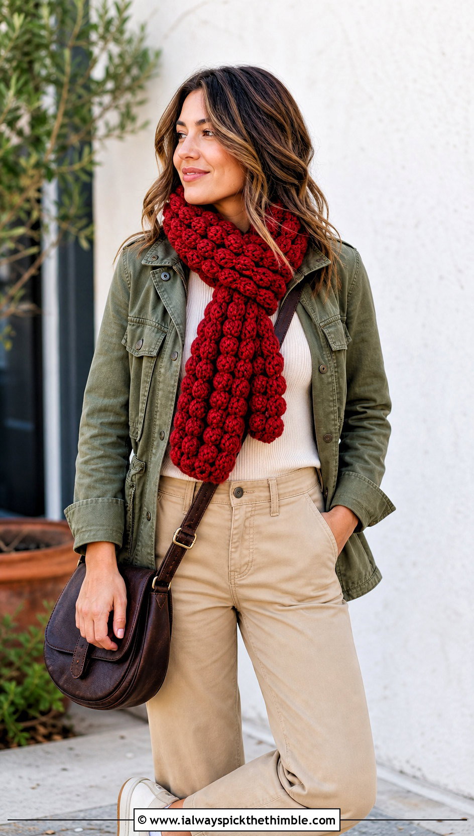 Puff Stitch Crochet Scarf With Utility Jacket - 15 Textured Crochet Scarf Design outfit ideas