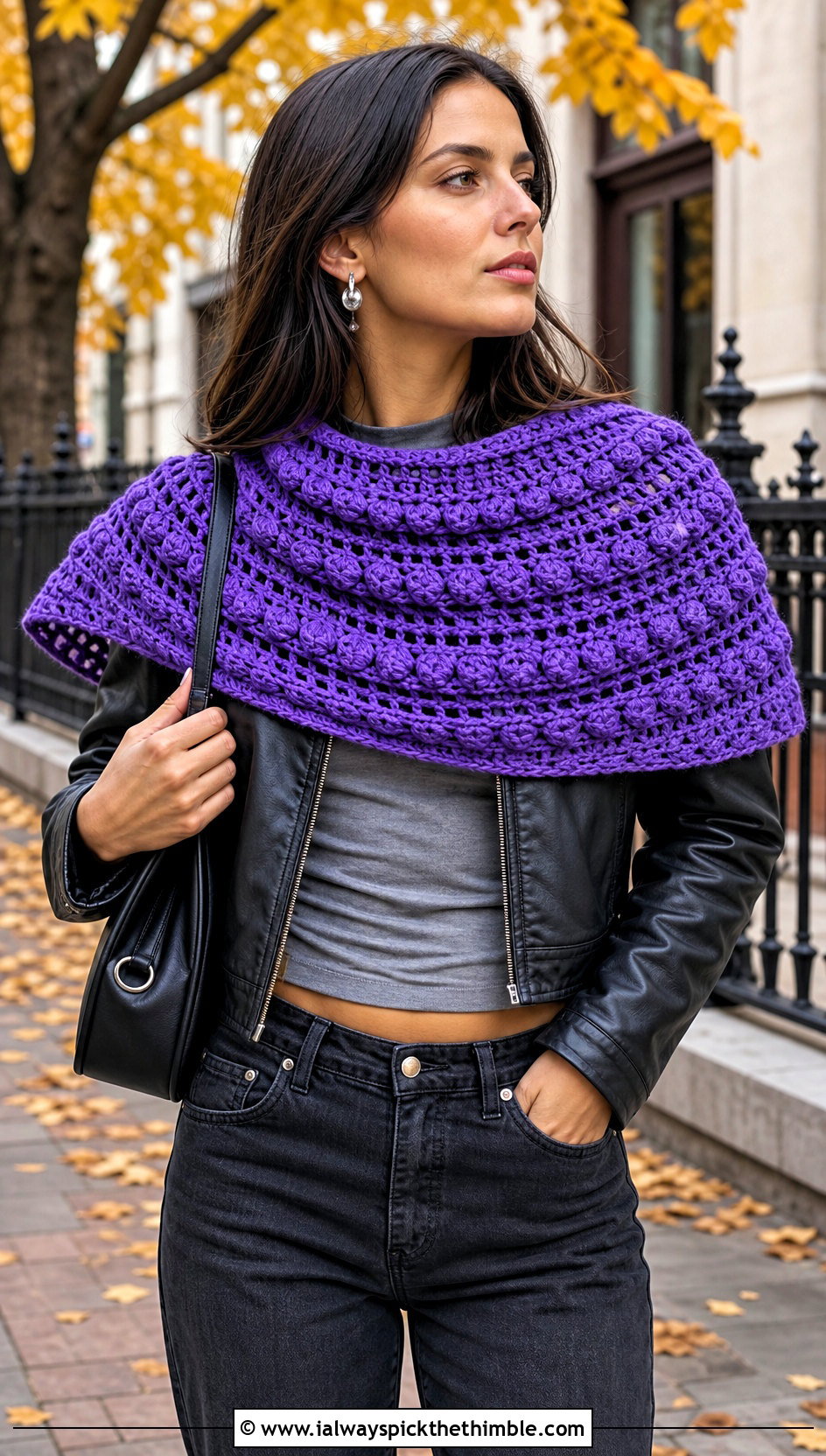 Puff Stitch Crochet Semi Circle Shawl With Leather Jacket - 20 Crochet Semi Circle Shawl outfit ideas