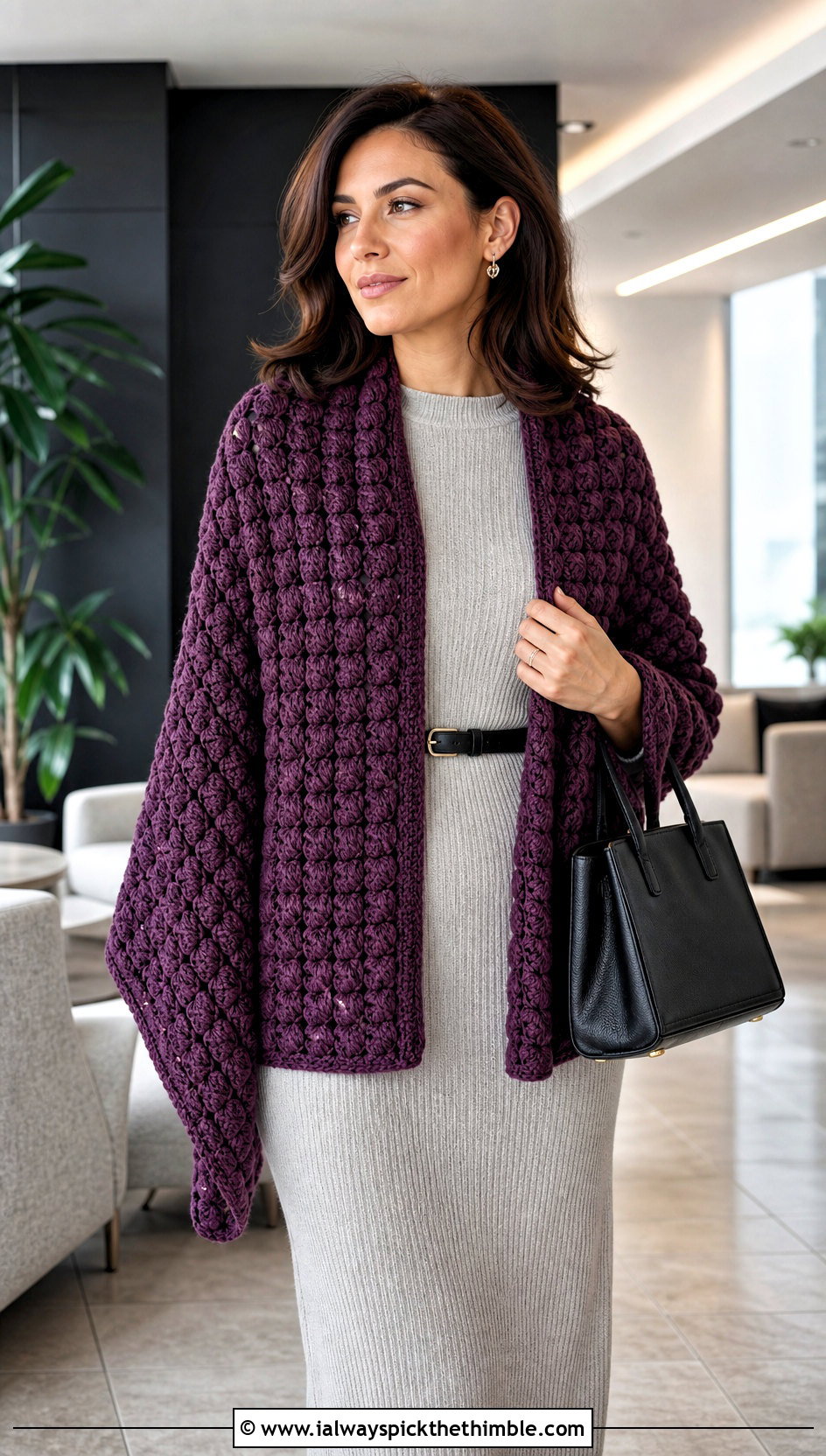 Puff Stitch Crochet Shawl With A Ribbed Knit Dress - 20 Fall Crochet Shawl outfit ideas