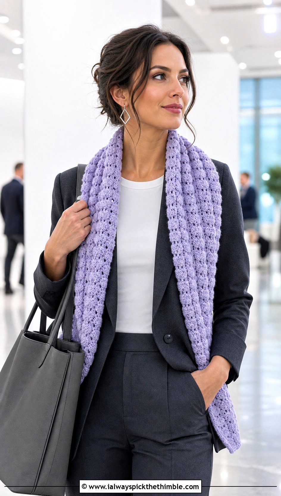 Puff Stitch Crochet Shawl With Minimalist Suit - 20 winter crochet shawl outfit ideas