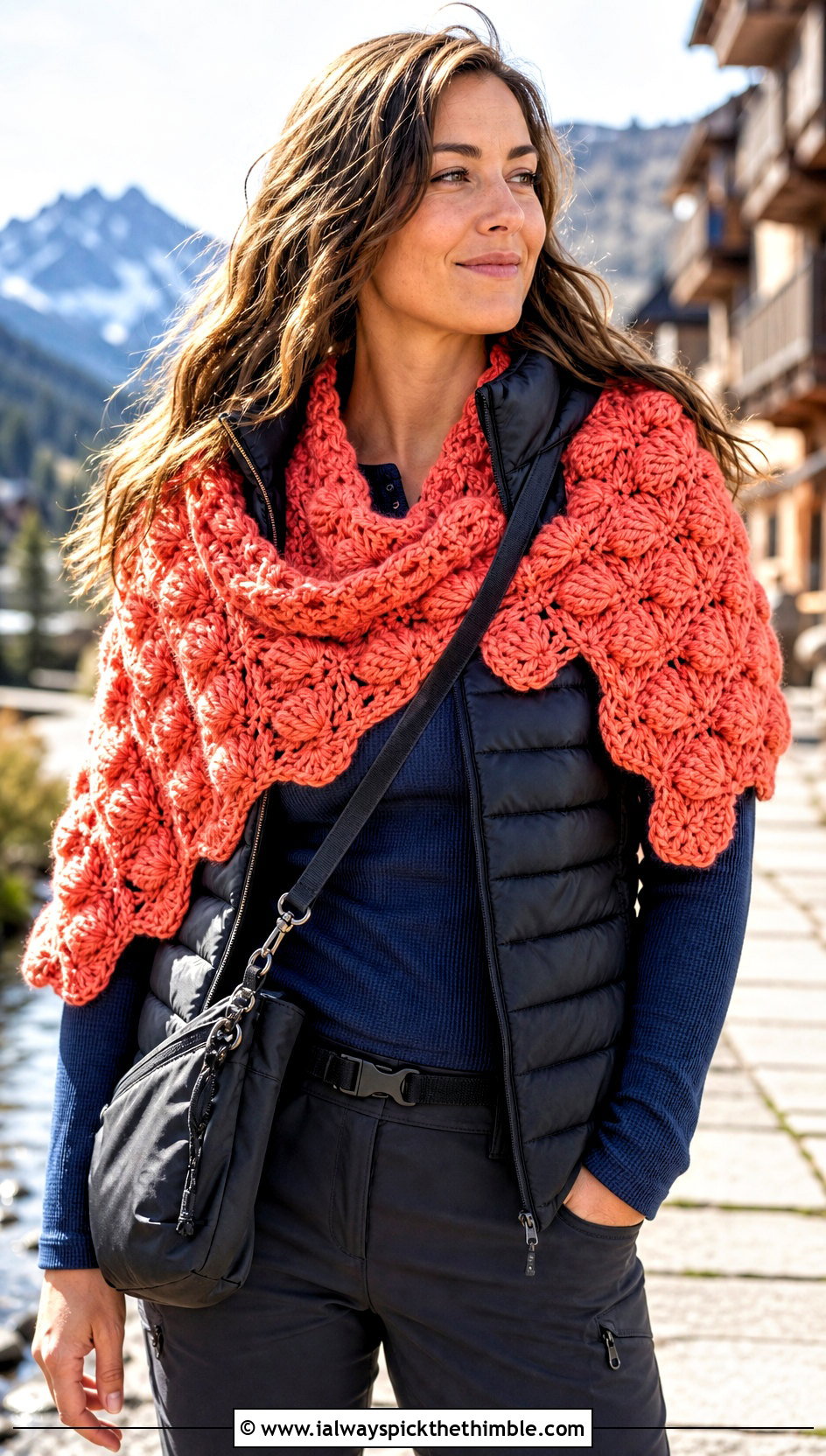 Puff Stitch Crochet Shawl With Puffer Vest - 20 boho crochet shawl outfit ideas