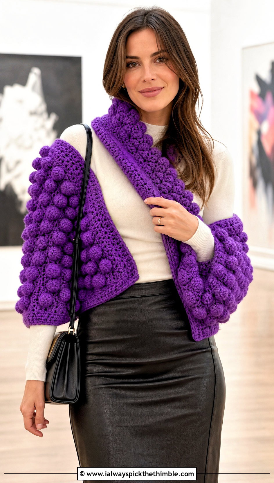 Puff Stitch Crochet Sleeve Scarf With Leather Midi Skirt - 20 crochet sleeve scarf outfit ideas