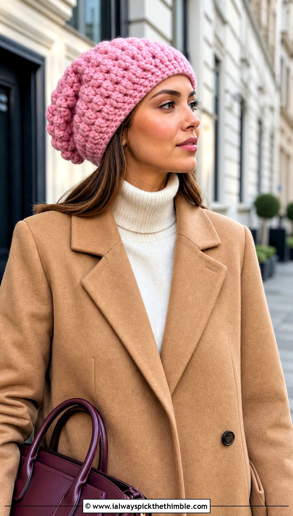 Puff Stitch Crochet Slouch Hat With Tailored Coat - 20 easy crochet slouch hat outfit ideas
