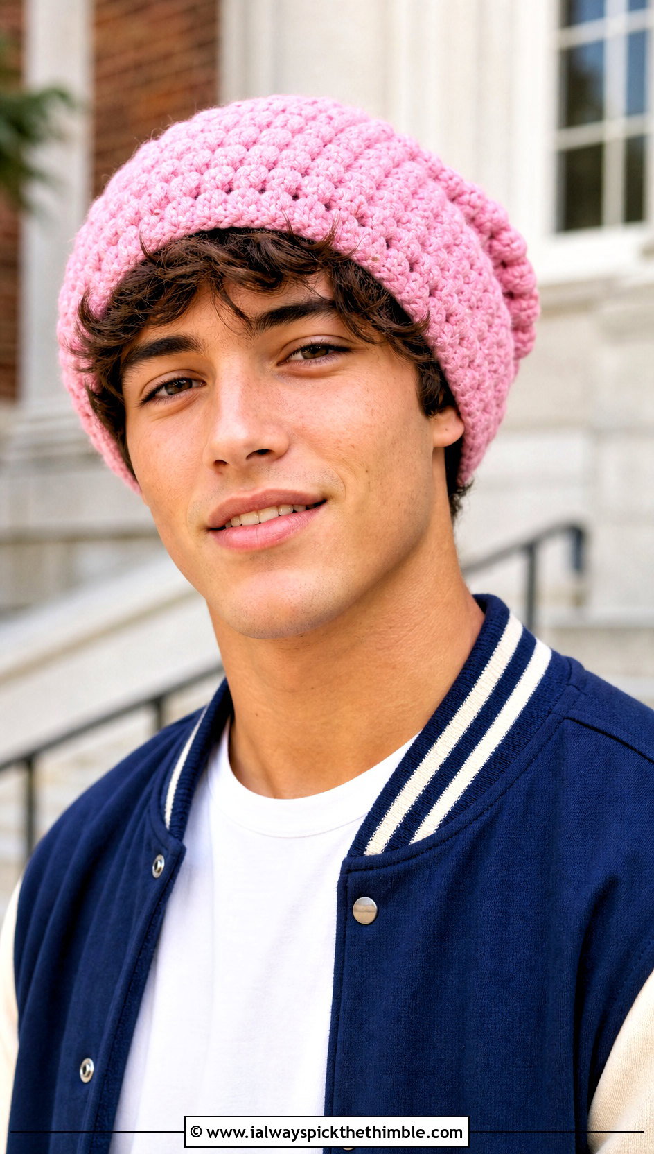 Puff Stitch Crochet Slouchy Beanie With Varsity Jacket - 25 Crochet Slouchy Hat Mens Slouch Beanie outfit ideas