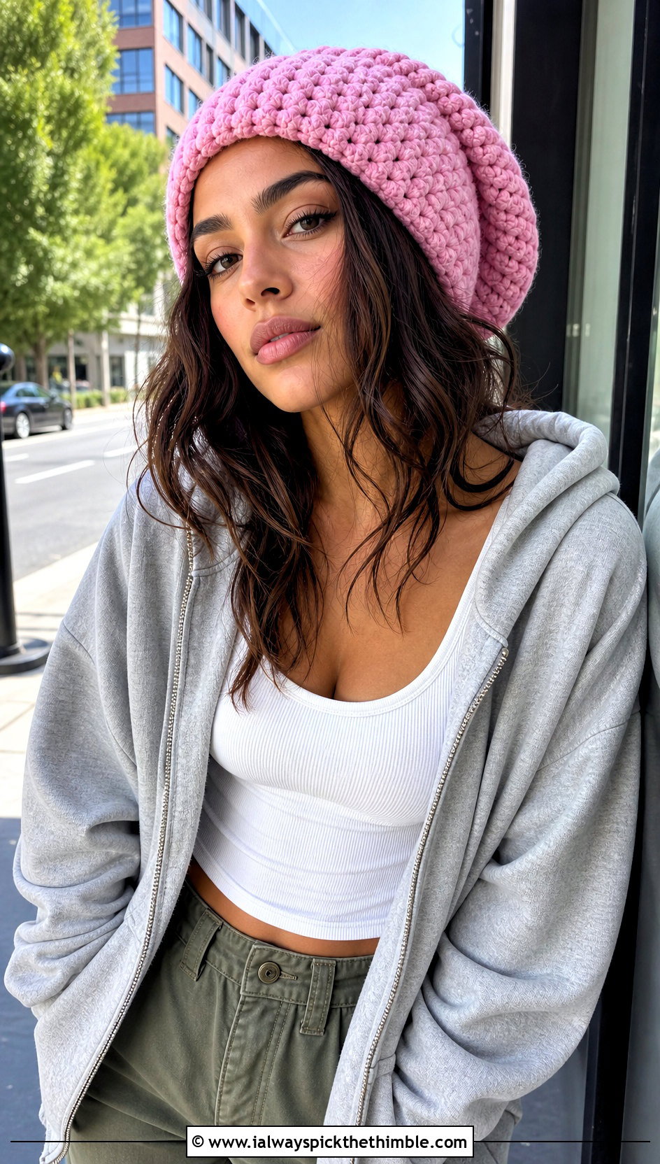 Puff Stitch Crochet Slouchy Hat With Hoodie And Cargo Pants - 25 crochet slouchy hat outfit ideas