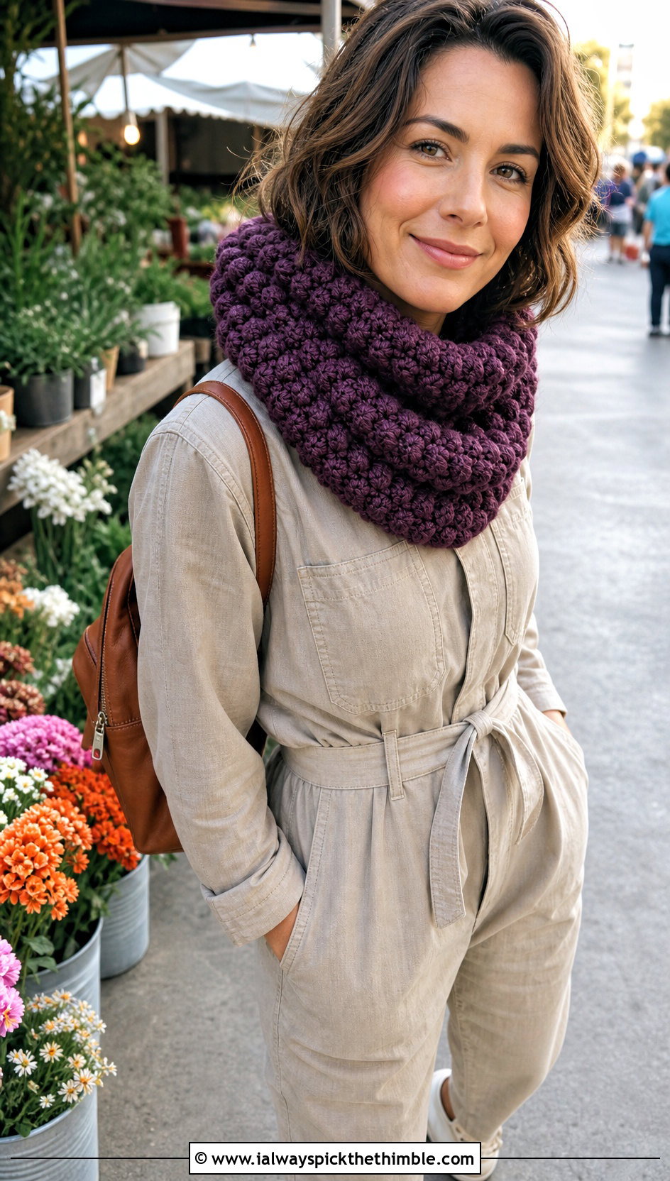 Puff Stitch Crochet Snood Scarf With Utility Jumpsuit - 20 snood crochet scarf outfit ideas
