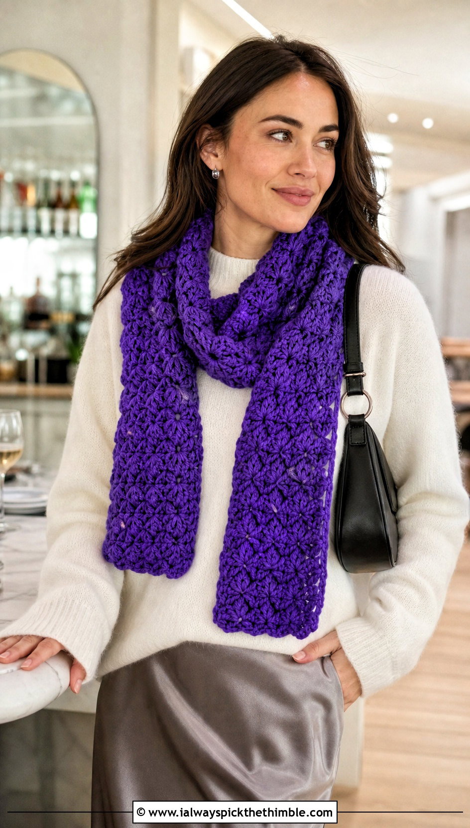 Puff Stitch Crochet Sophie Scarf With Crewneck Sweater And Slip Skirt - 25 crochet sophie scarf outfit ideas