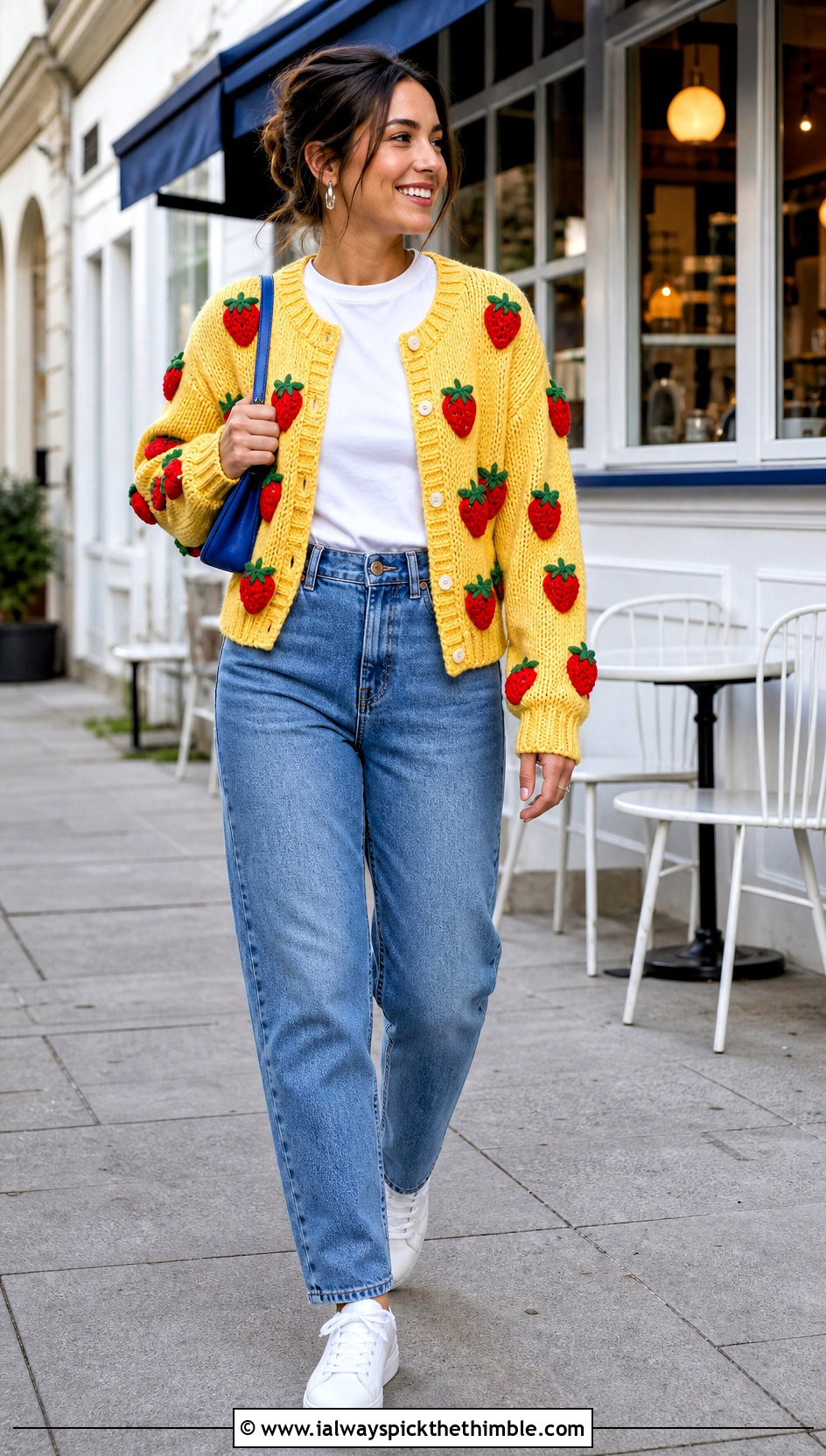 Puff Stitch Crochet Strawberry Cardigan With Straight Leg Jeans - 25 crochet strawberry cardigan outfit ideas