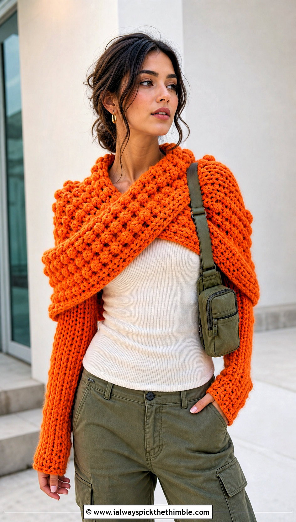 Puff Stitch Crochet Sweater Scarf Wrap With Cargo Pants - 20 crochet scarf sweater wrap outfit ideas