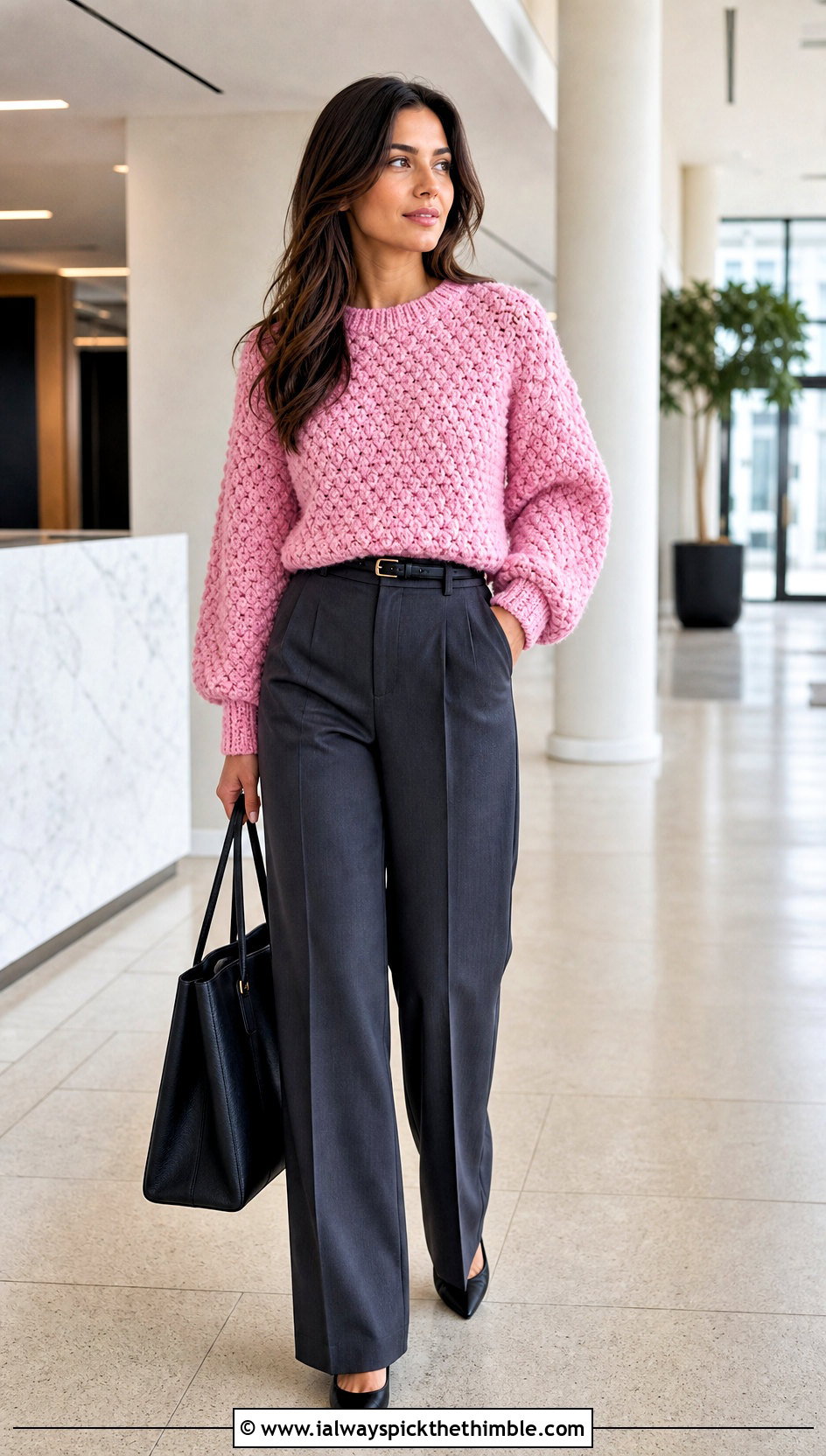 Puff Stitch Crochet Sweater With Wide Leg Trousers - 20 Crochet Textured Sweater outfit ideas