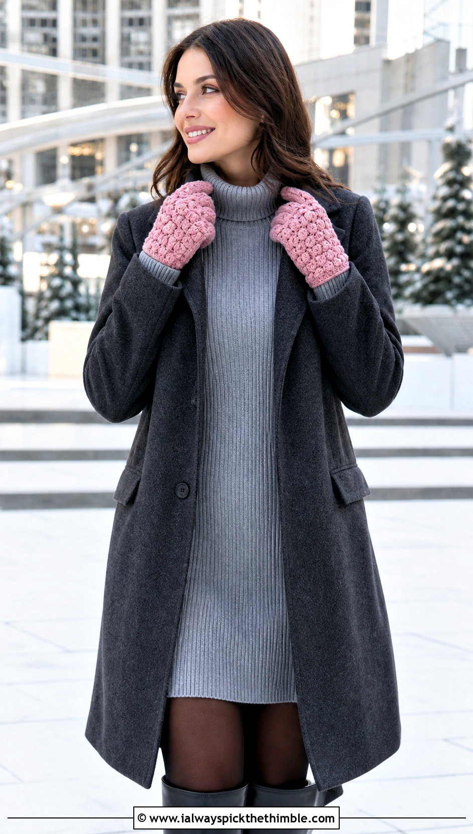 Puff Stitch Crochet Texting Gloves With Sweater Dress - 15 Crochet Texting Gloves outfit ideas