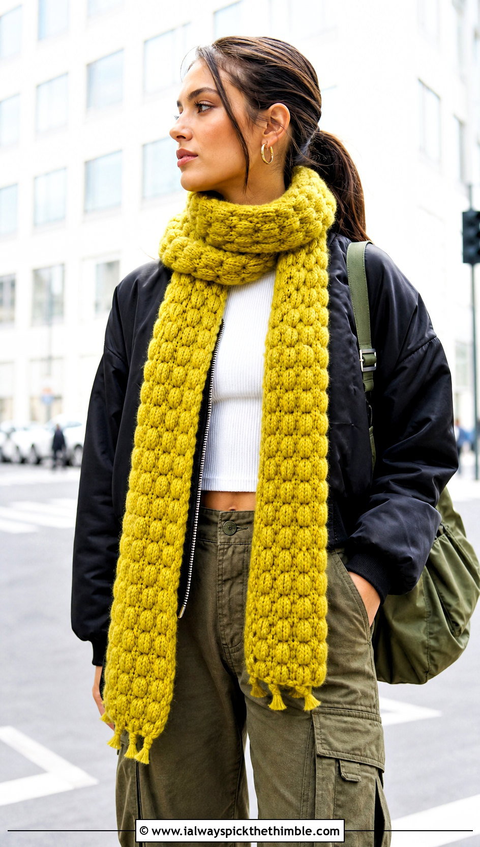 Puff Stitch Crochet Textured Scarf With Bomber Jacket - 20 Crochet Textured Scarf outfit ideas