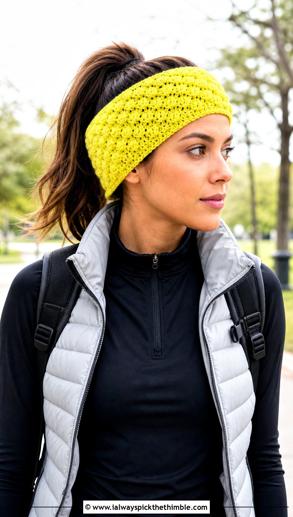 Puff Stitch Crochet Tie Headband With Puffer Vest And Leggings - 25 crochet tie headband outfit ideas