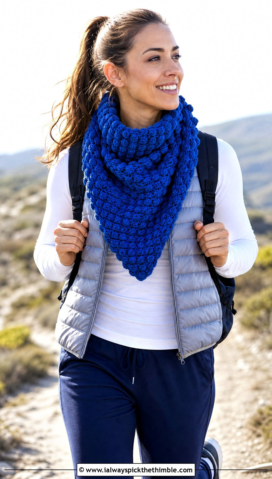 Puff Stitch Crochet Triangle Scarf With Puffer Vest And Joggers - 25 crochet triangle scarf outfit ideas