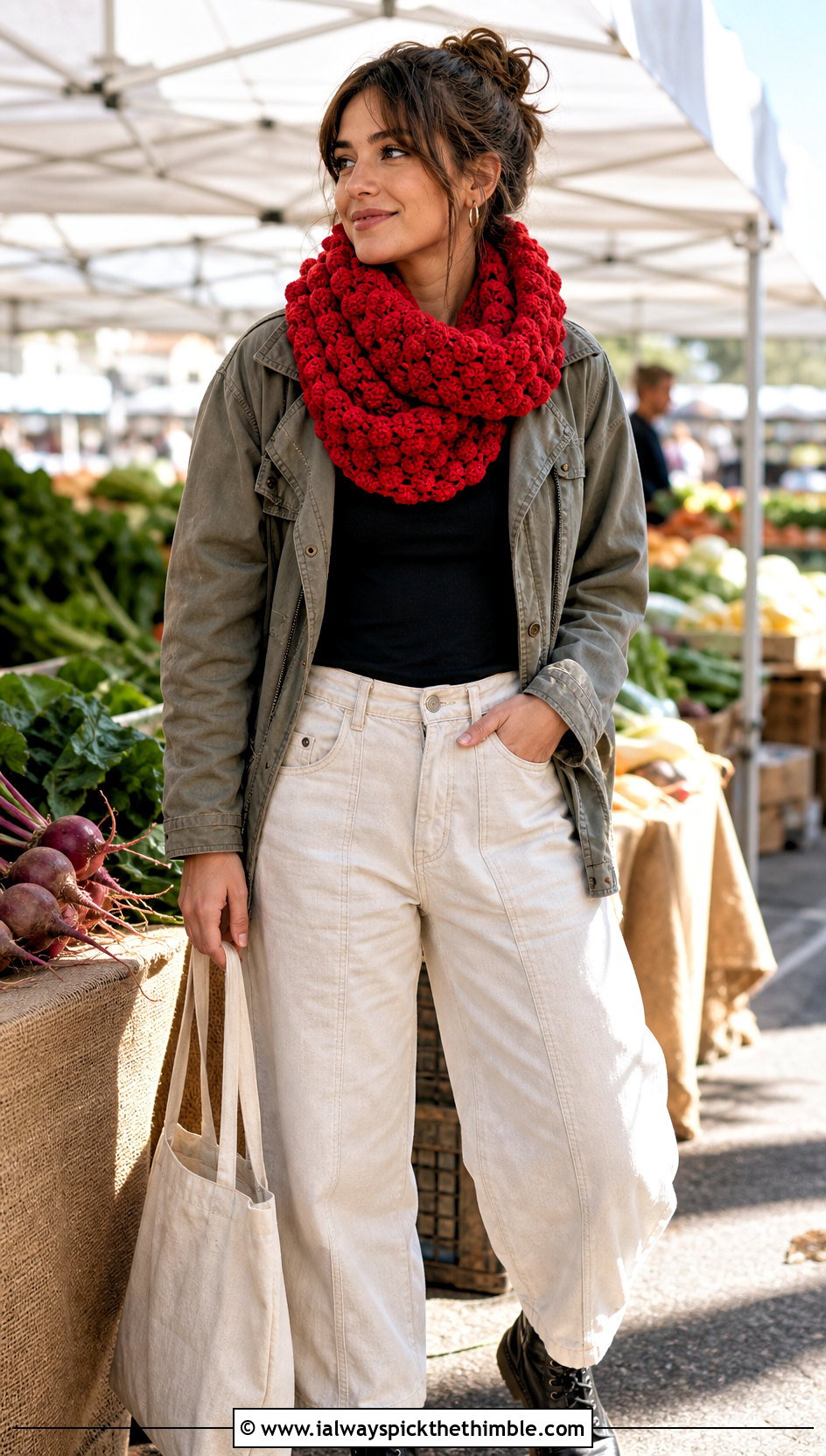 Puff Stitch Crochet Tube Scarf With Utility Jacket - 20 Crochet Tube Scarf outfit ideas