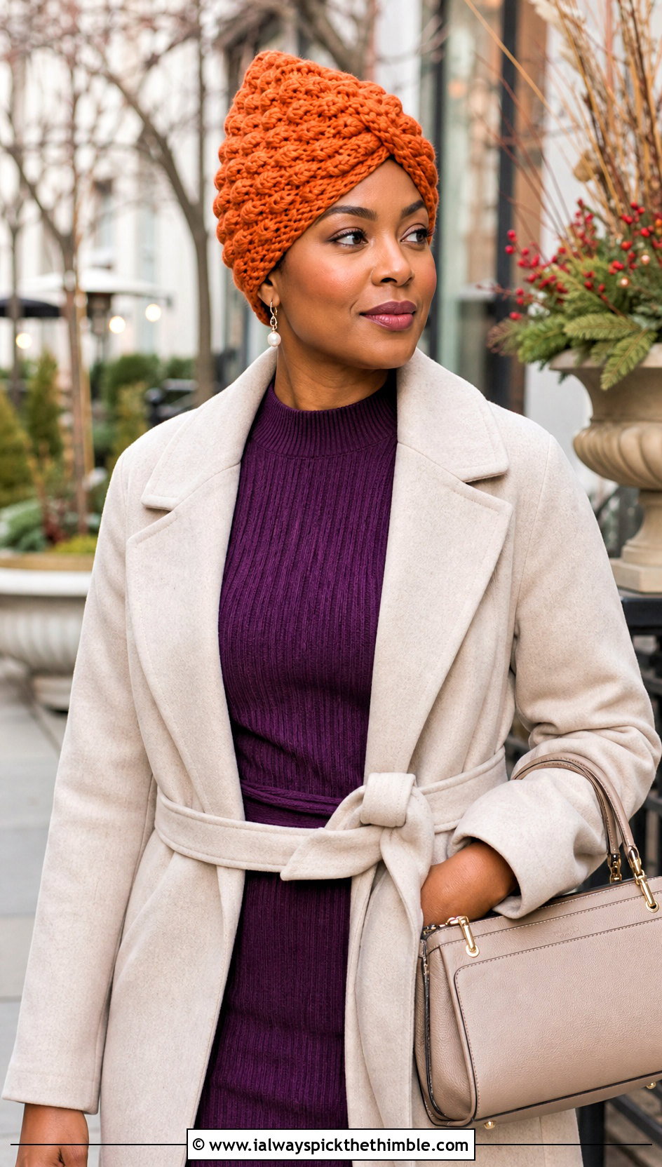 Puff Stitch Crochet Turban Hat With Sweater Dress And Boots - 25 crochet turban hat outfit ideas