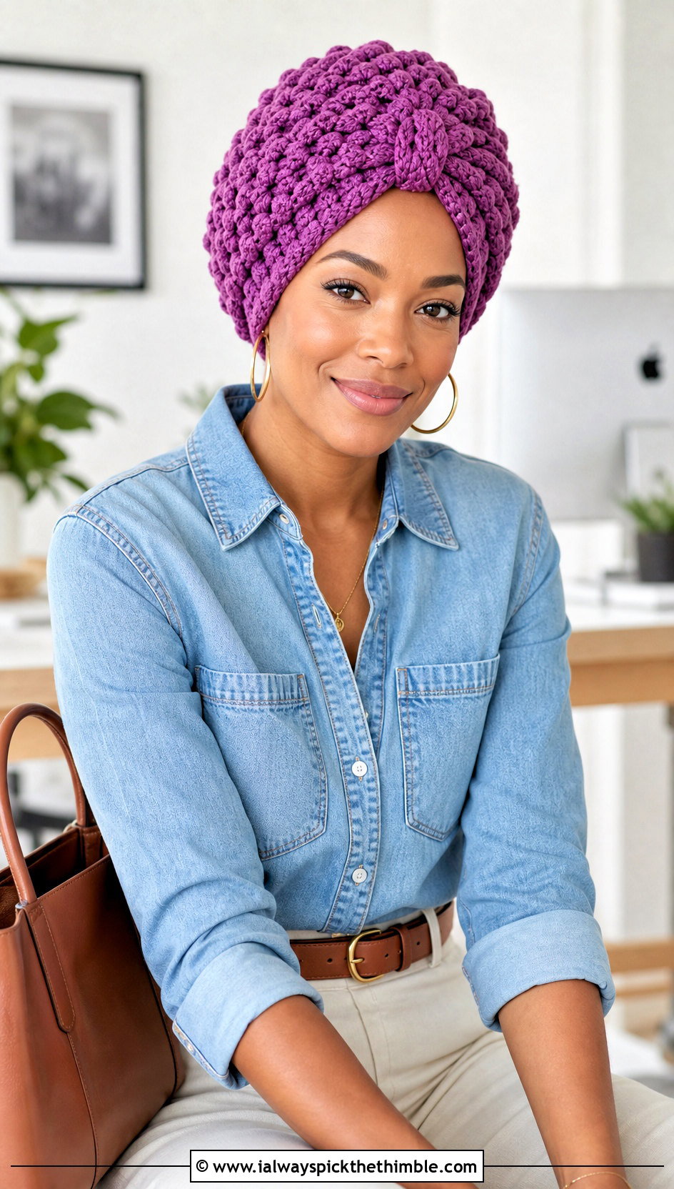 Puff Stitch Crochet Turban With Denim Shirt - 25 crochet turban outfit ideas
