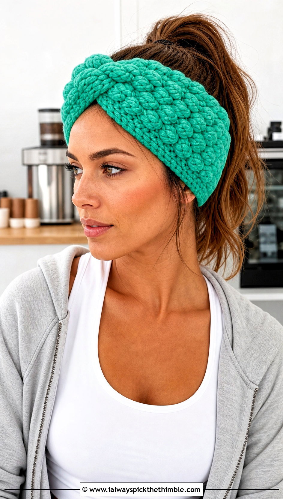Puff Stitch Crochet Twist Headband With Hoodie And Leggings - 20 crochet twist headband outfit ideas