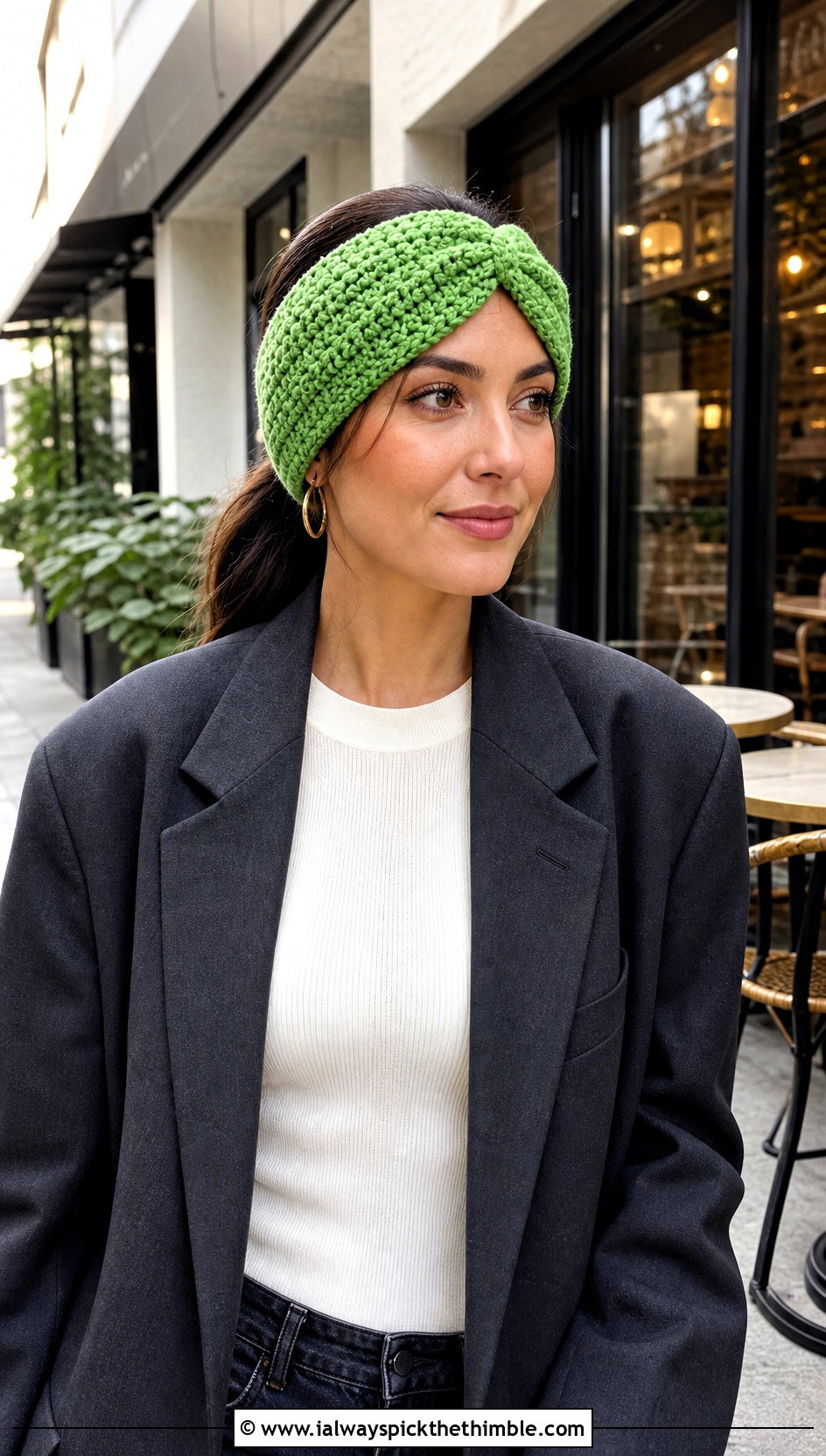 Puff Stitch Crochet Twisted Ear Warmer With Blazer And Jeans - 25 crochet twisted ear warmer outfit ideas