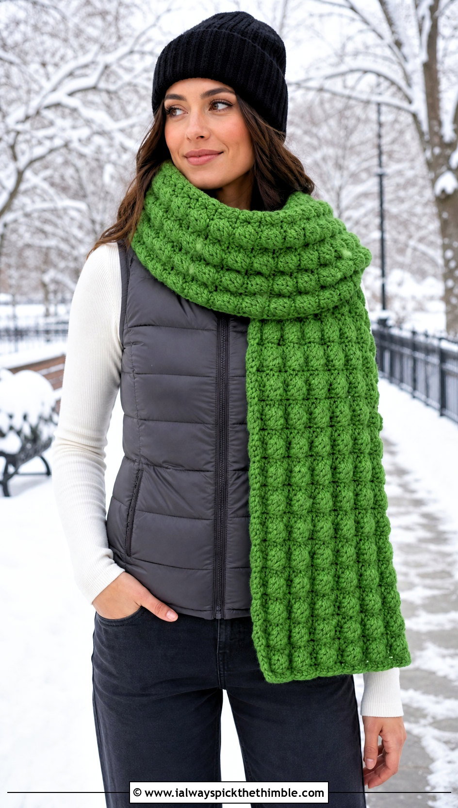 Puff Stitch Crochet Wide Scarf With Puffer Vest - 20 Crochet Wide Scarf outfit ideas