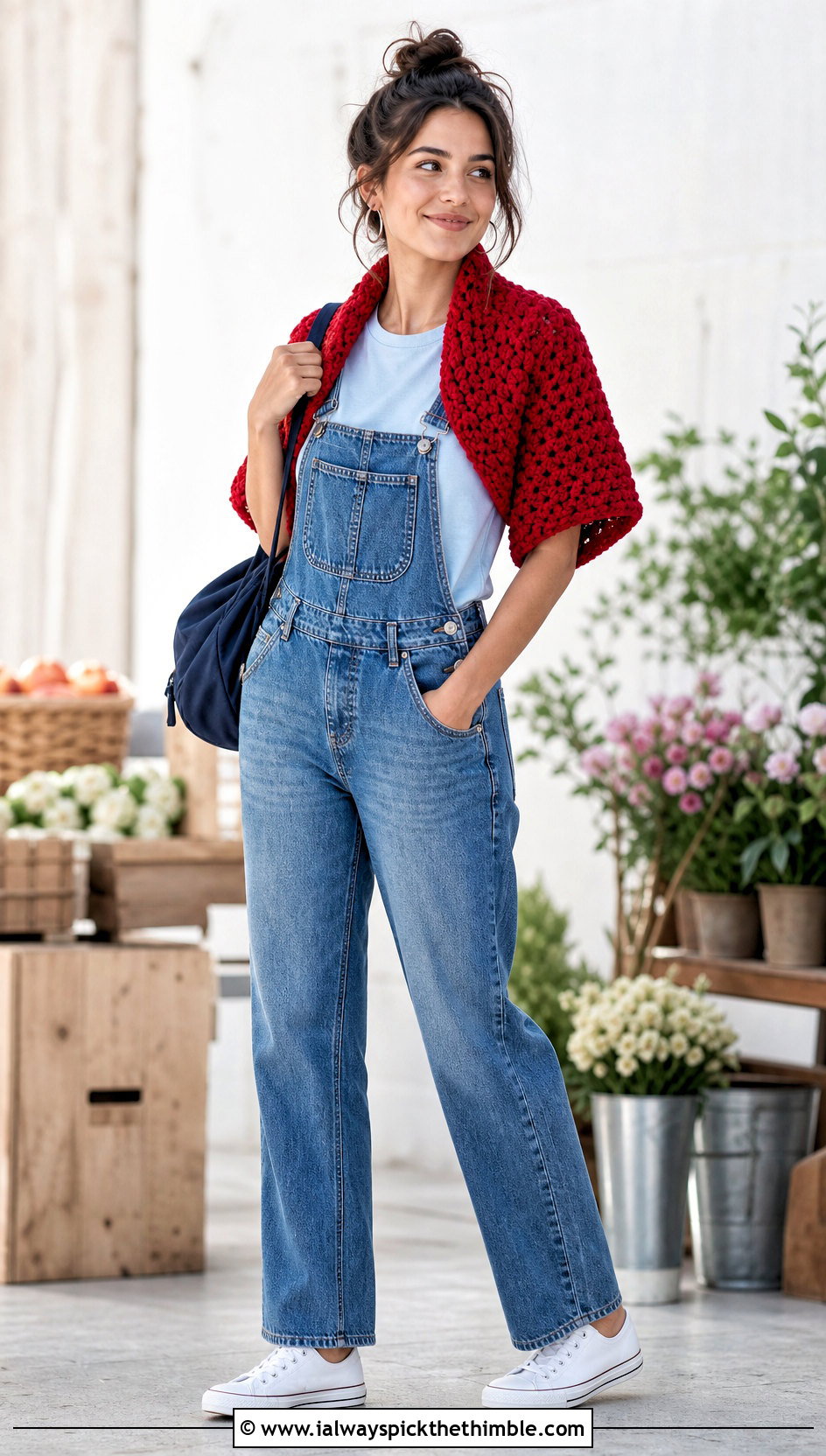 Puff Stitch Crochet Wrap Around Shrug With Denim Overalls - 20 Crochet Wrap Around Shrug outfit ideas