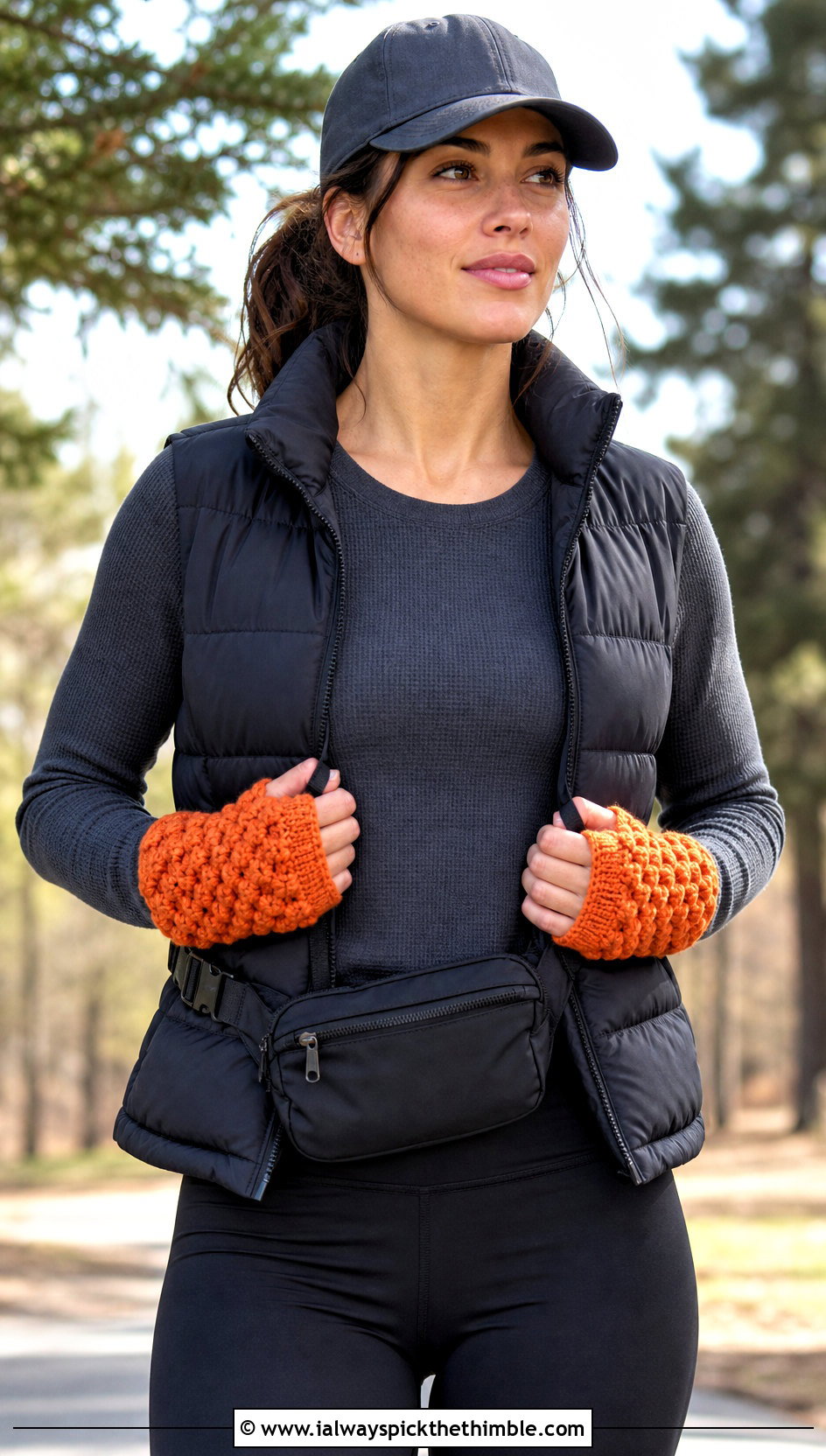 Puff Stitch Crochet Wrist Warmers With Puffer Vest - 25 crochet hand warmer outfit ideas
