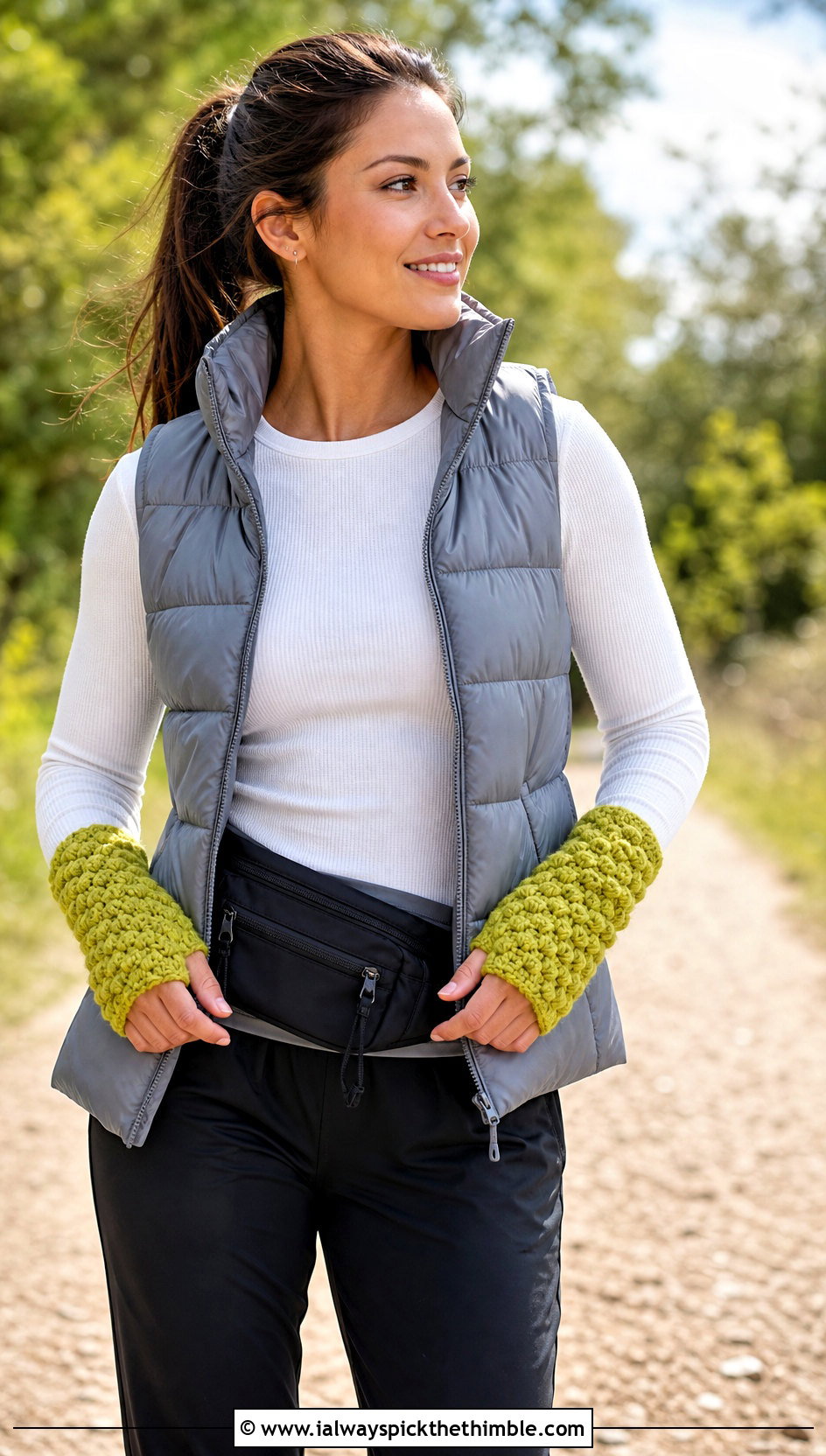Puff Stitch Crochet Wrist Warmers With Puffer Vest - 20 easy crochet hand warmers outfit ideas