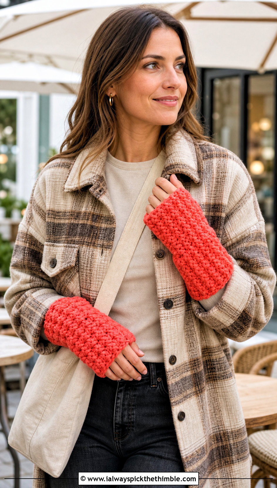 Puff Stitch Crochet Wrist Warmers With Shacket - 25 crochet gloves fingers outfit ideas