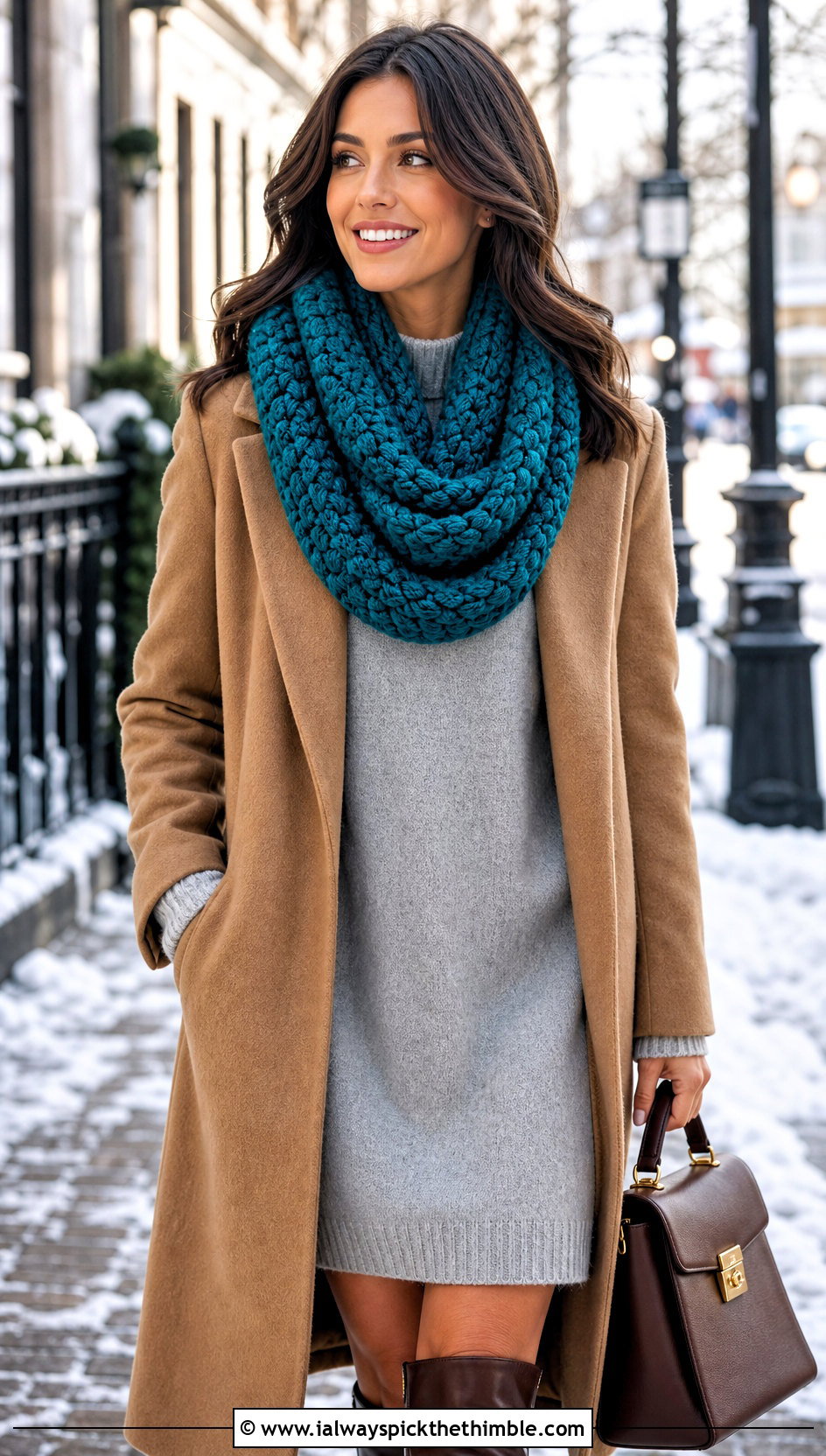 Puff Stitch Crocheted Infinity Scarf With Sweater Dress - 20 Crocheted Infinity Scarf outfit ideas