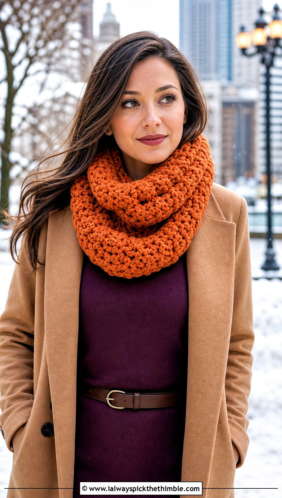 Puff Stitch Crocheted Infinity Scarf With Sweater Dress - 15 Easy Crocheted Infinity Scarf outfit ideas