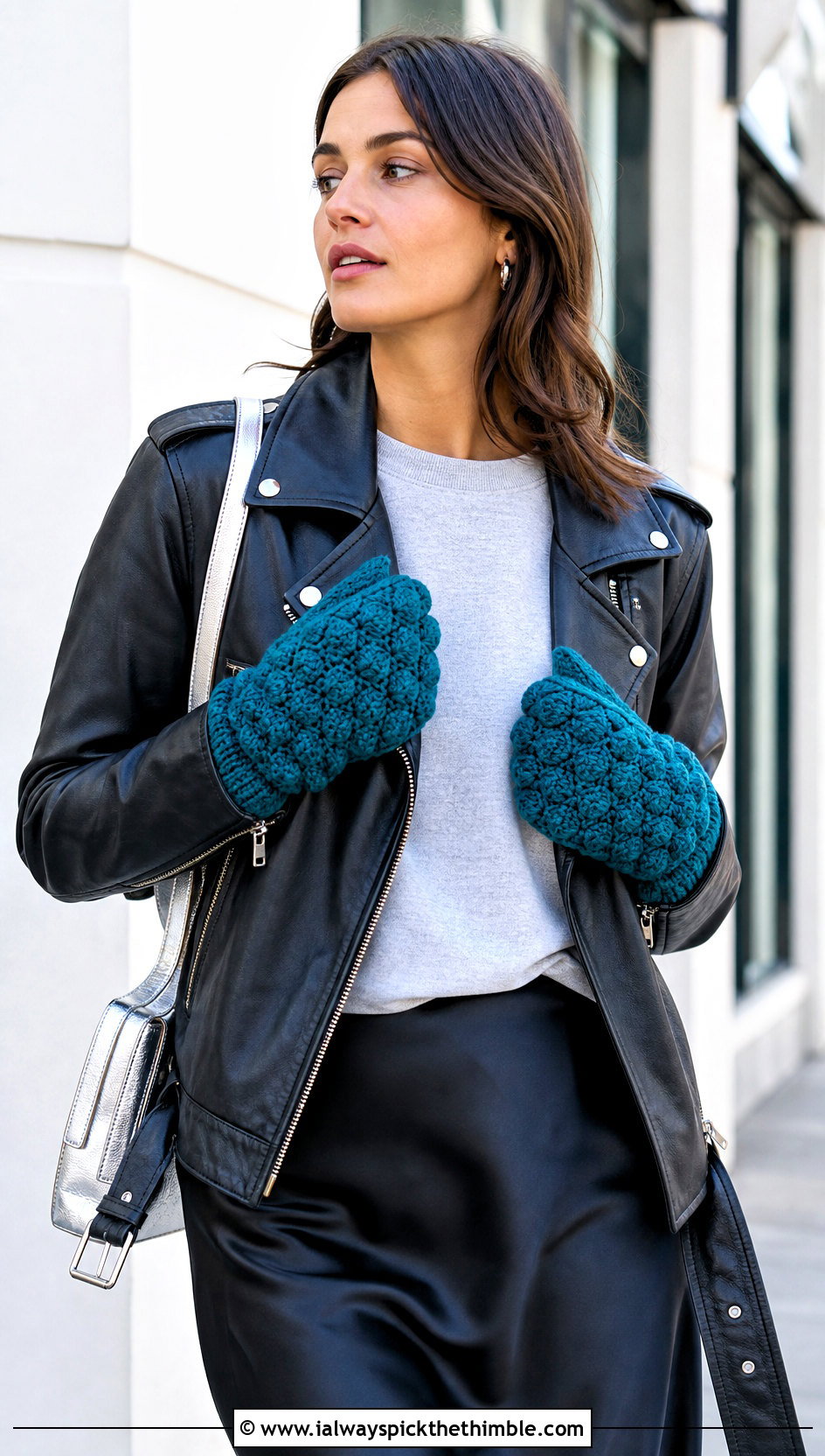 Puff Stitch Crocheted Mittens With Leather Jacket - 20 Easy Crocheted Mittens outfit ideas