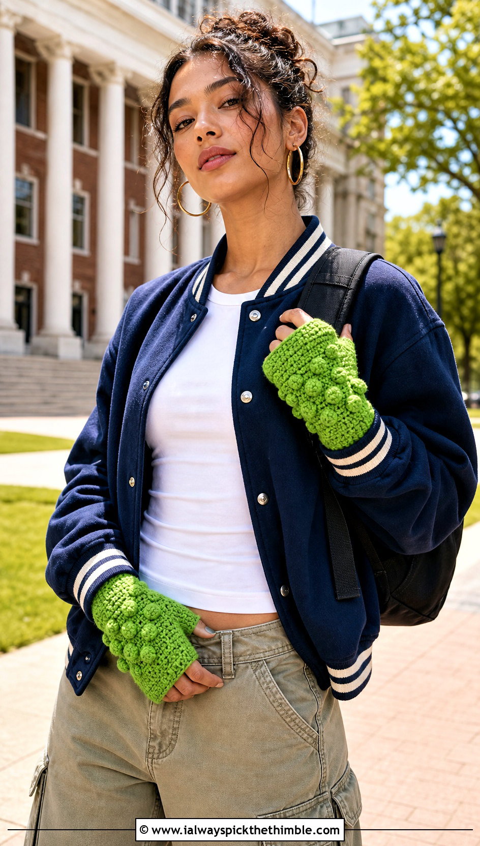 Puff Stitch DK Yarn Crochet Fingerless Gloves With Varsity Jacket And Cargo Pants - 20 dk yarn crochet fingerless gloves outfit ideas