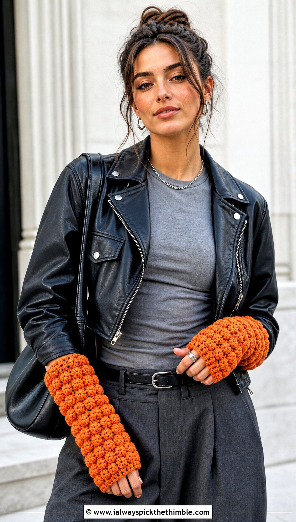 Puff Stitch Fingerless Arm Warmers With Leather Jacket - 15 Crochet Fingerless Arm Warmers outfit ideas