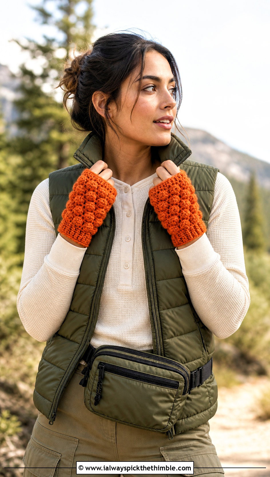 Puff Stitch Fingerless Crochet Gloves With Puffer Vest - 20 fingerless crochet gloves outfit ideas